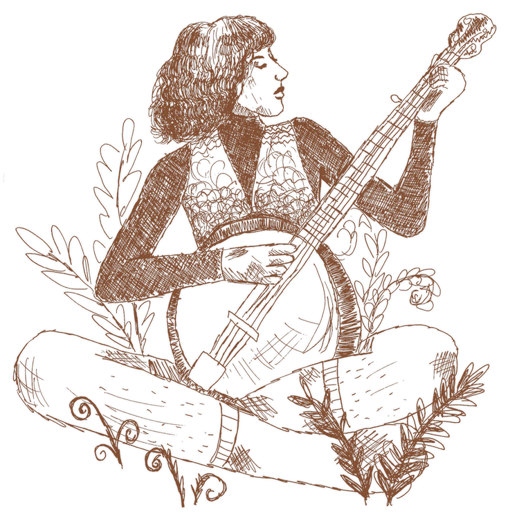 A sketch portrait of the artist Rabbitology, playing a banjo.